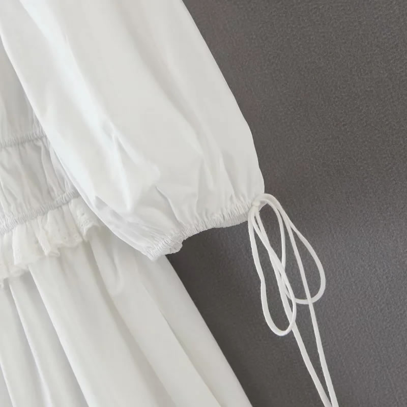 Fashion White Blend Tie Puff Sleeve Dress,Mini & Short Dresses