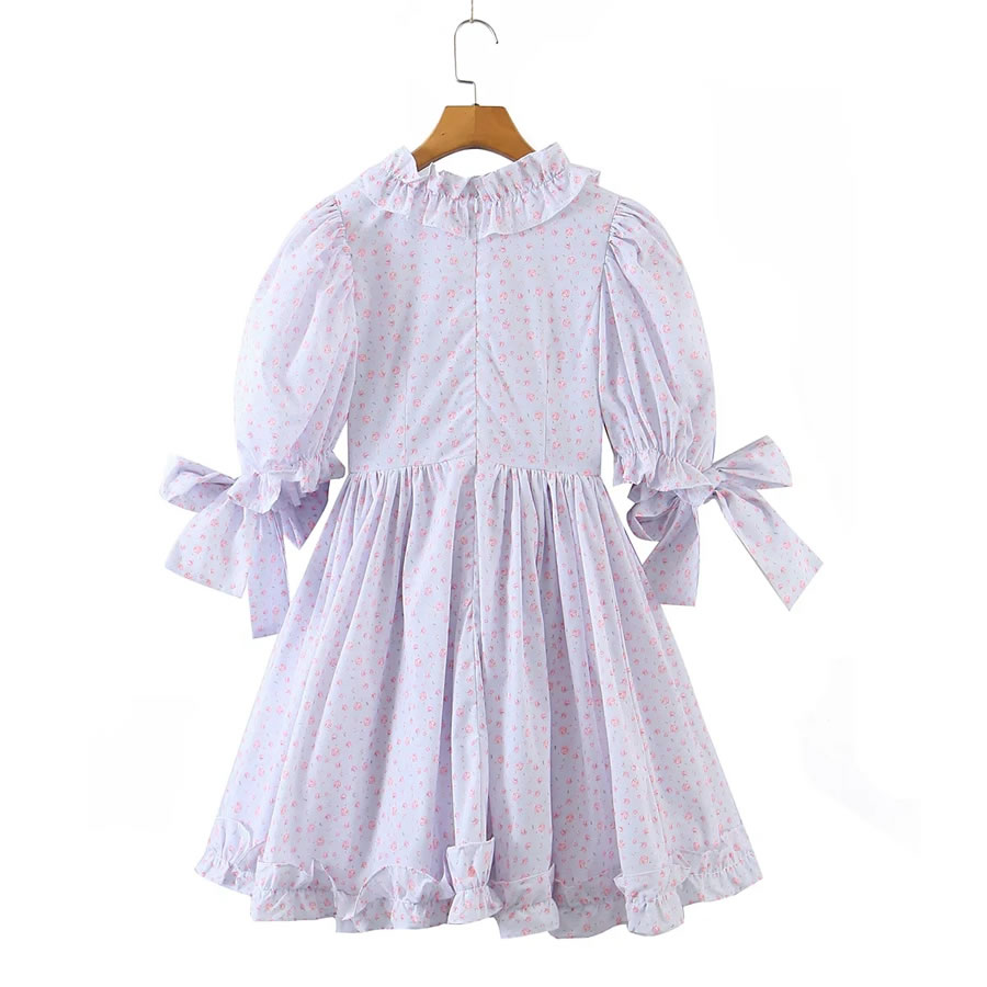 Fashion Light Purple Polyester V-neck Print Bow Dress,Mini & Short Dresses