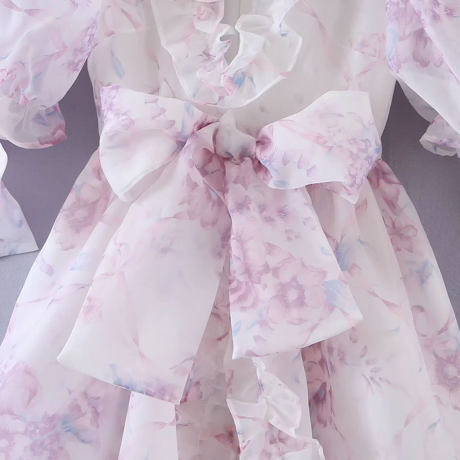 Fashion Pink V-neck Printed Ruffle Dress,Mini & Short Dresses