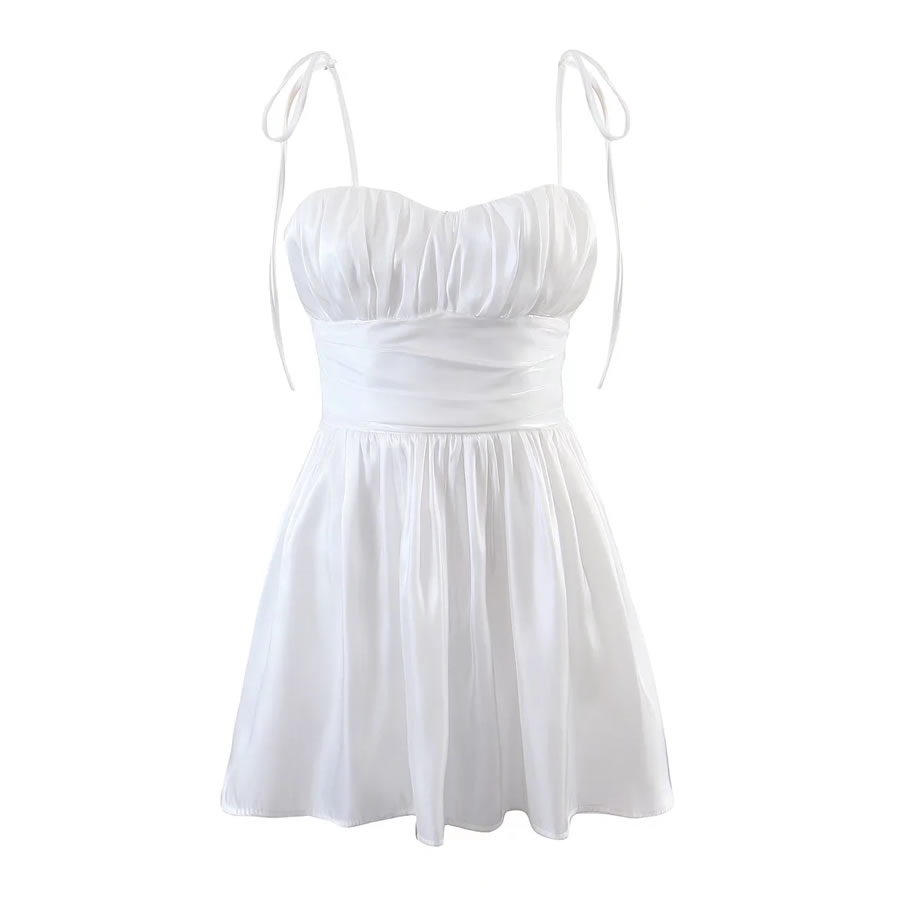 Fashion White Solid Color Pleated Slip Dress,Mini & Short Dresses