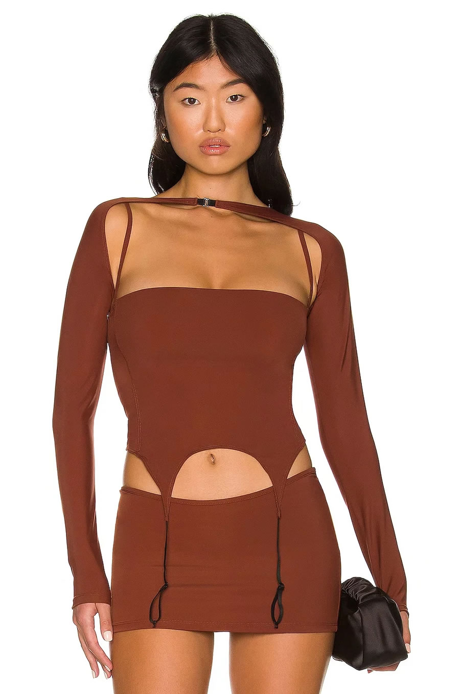 Fashion Brown Polyester Long-sleeved Blouse Suspender Skirt Suit,Blouses