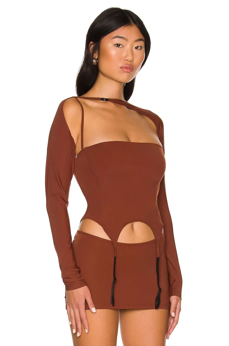 Fashion Brown Polyester Long-sleeved Blouse Suspender Skirt Suit,Blouses