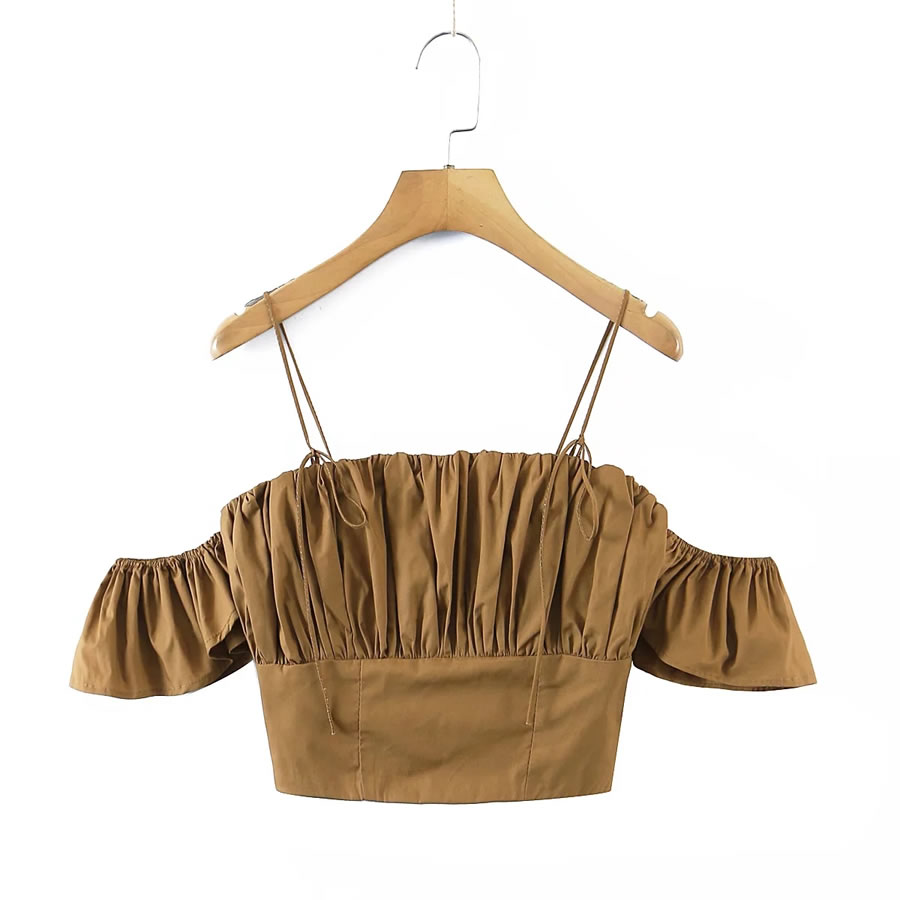 Fashion Brown Cotton Cropped Crinkled Suspender Top,Tank Tops & Camis