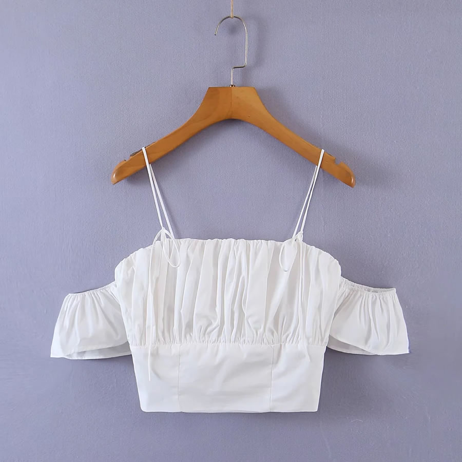 Fashion White Cotton Cropped Crinkled Suspender Top,Tank Tops & Camis