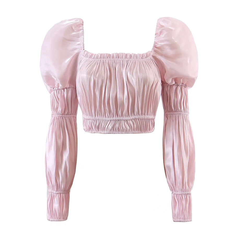 Fashion Pink Polyester Puff Sleeve Crinkled Cropped Top,Blouses