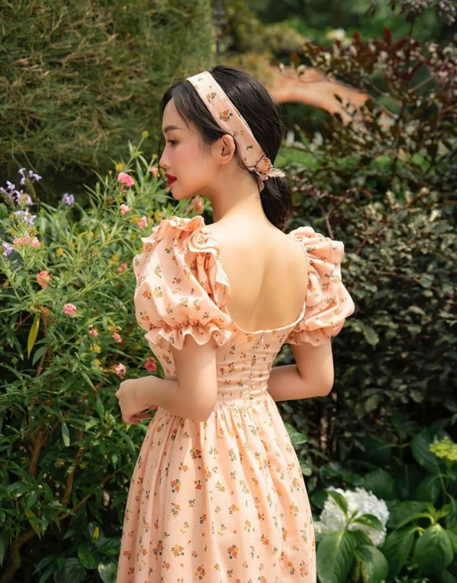 Fashion Floral Polyester Print Square Neck Dress,Long Dress