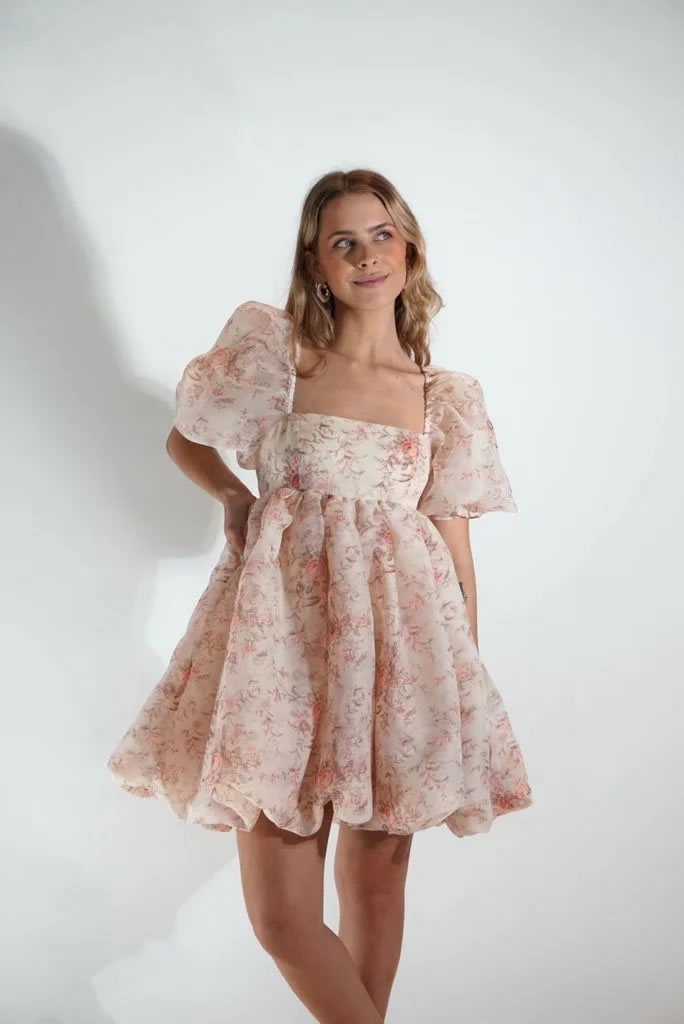 Fashion Pink Organza Print Puff Sleeve Dress,Mini & Short Dresses