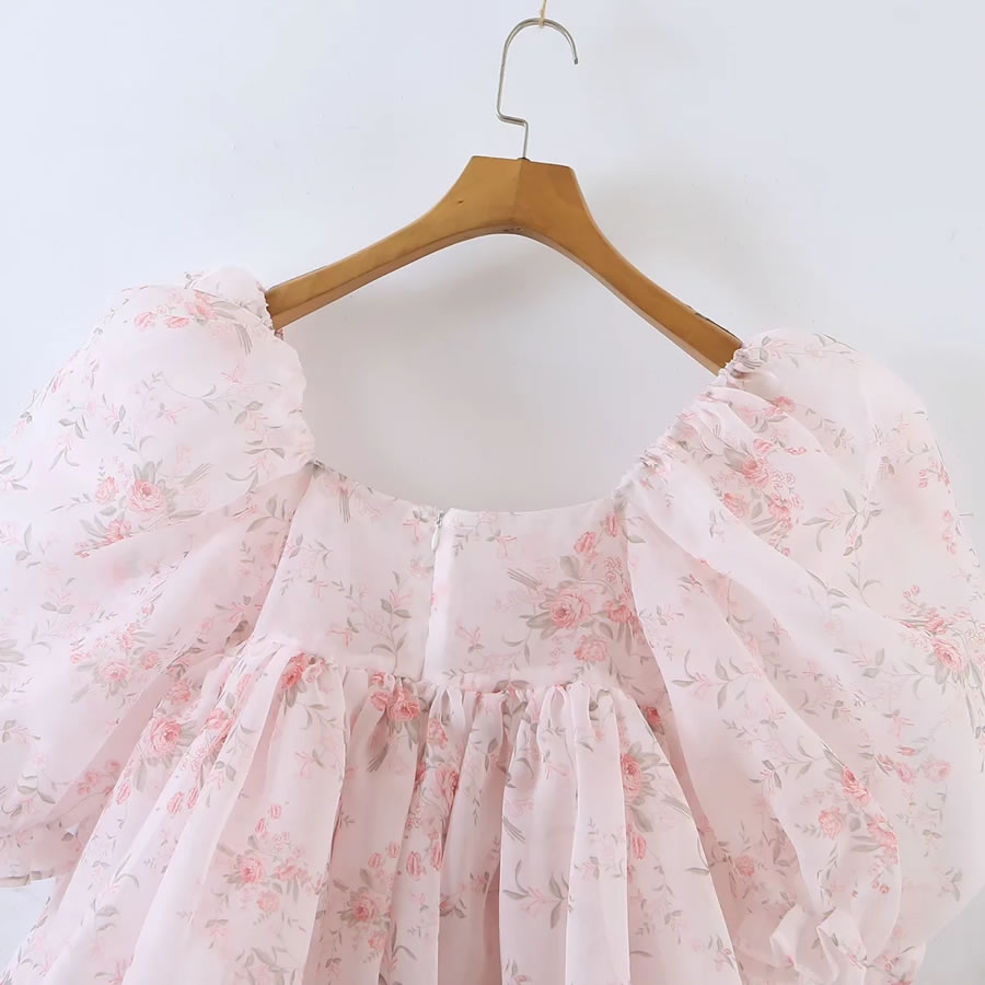 Fashion Pink Organza Print Puff Sleeve Dress,Mini & Short Dresses