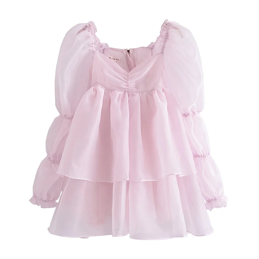 Fashion Light Pink Solid Color Lotus Root Long-sleeved Layered Dress,Mini & Short Dresses