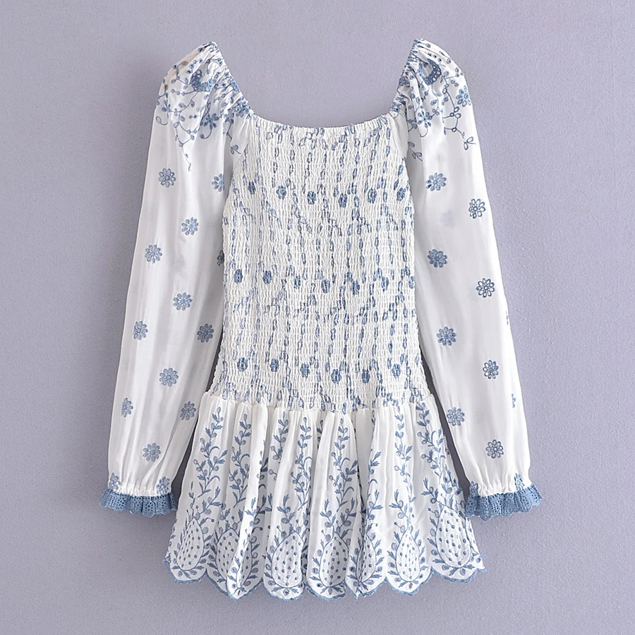 Fashion White Blue And White Porcelain Embroidered Sleeve Dress,Mini & Short Dresses