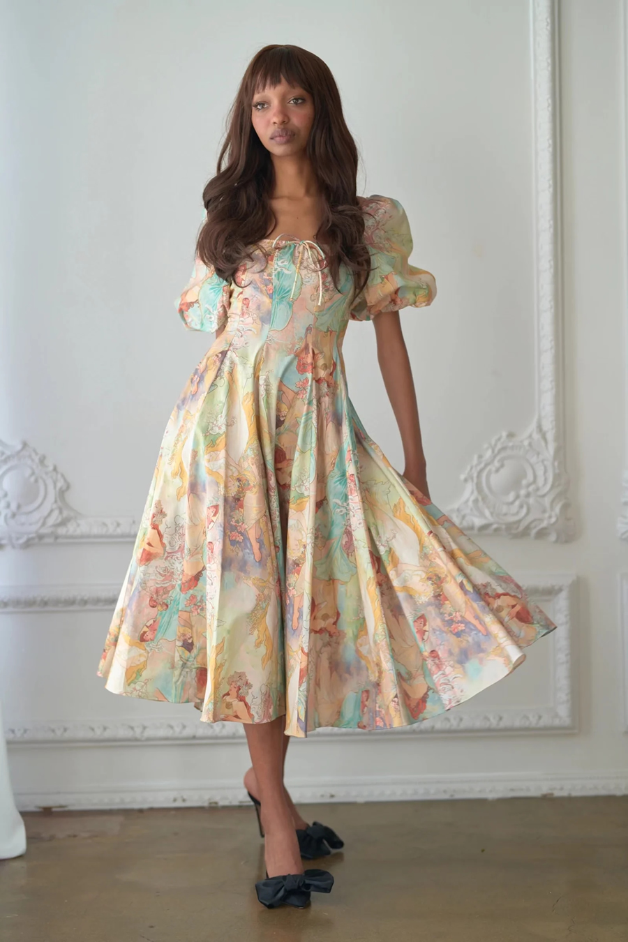 Fashion Color Cotton Print Lace-up Puff-sleeve Swing Dress,Long Dress