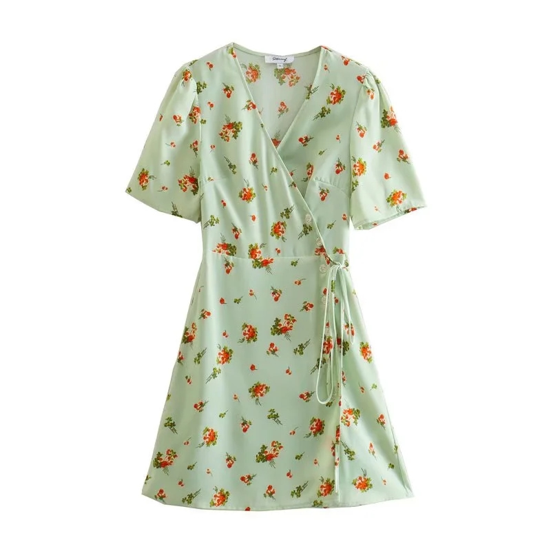 Fashion Green Geometric Print V-neck Lace-up Dress,Mini & Short Dresses