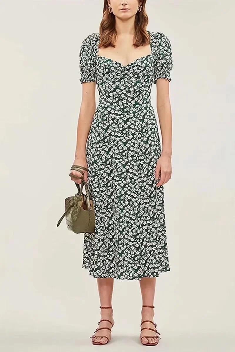 Fashion Green Cotton Linen Print Square Neck Dress,Long Dress