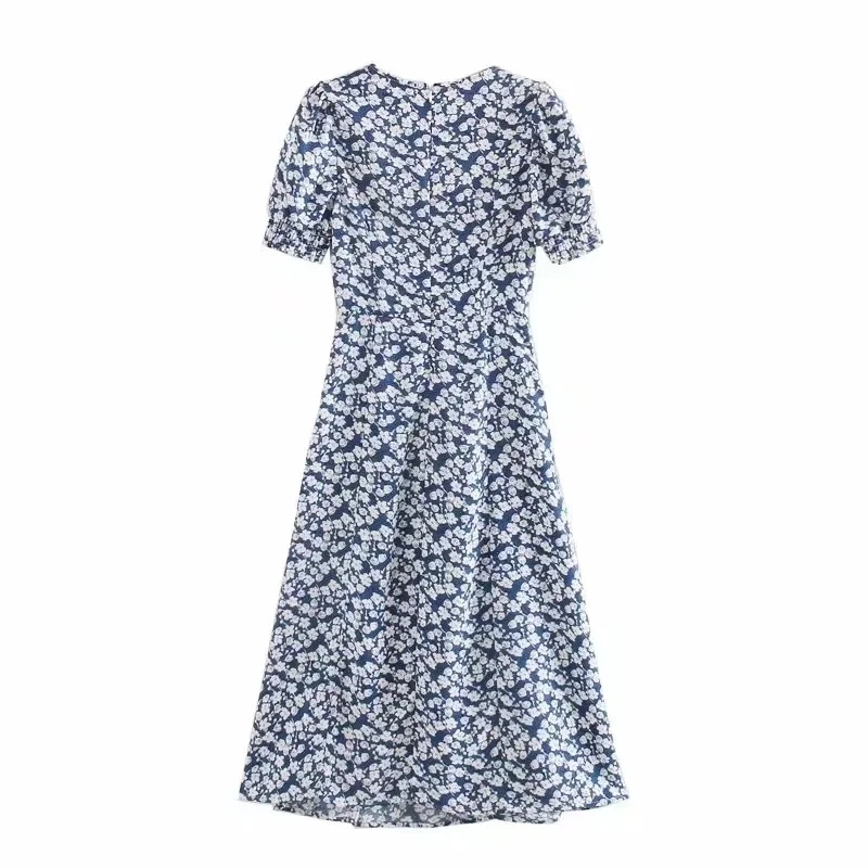 Fashion Blue Cotton Linen Print Square Neck Dress,Long Dress