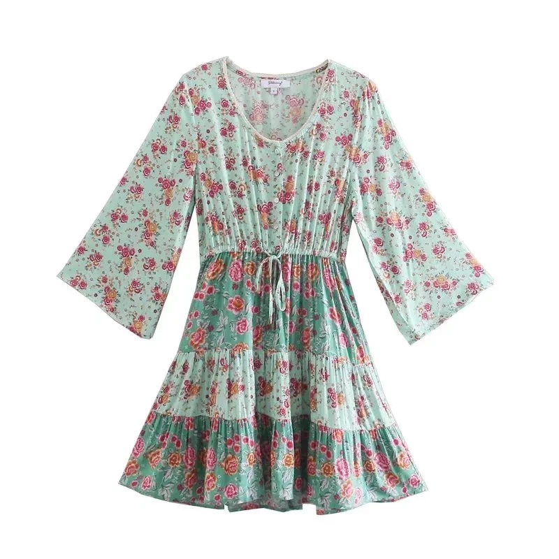 Fashion Green Rayon Print Lace-up Dress,Mini & Short Dresses