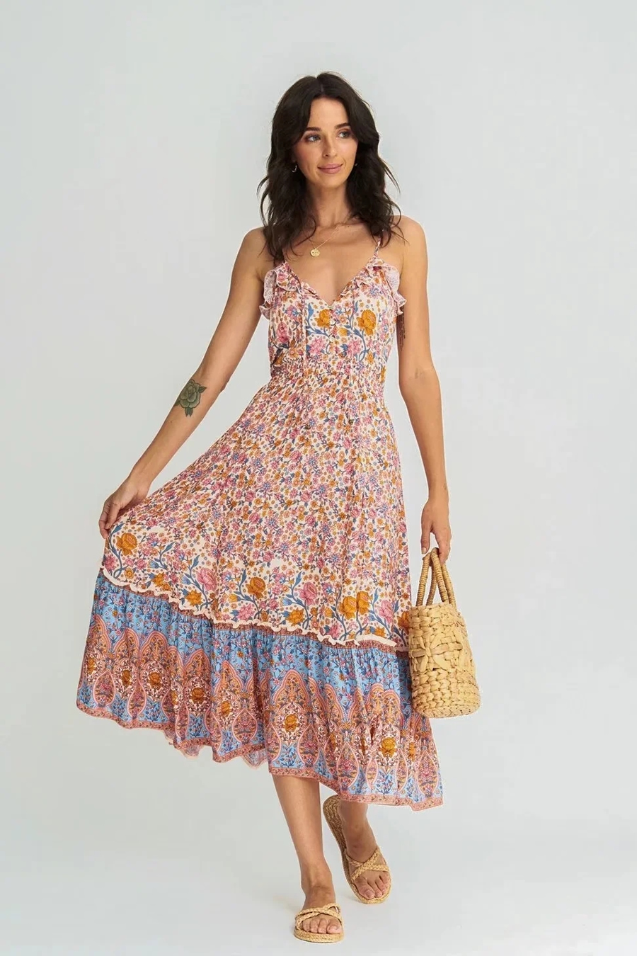 Fashion Pink Rayon Print Ruffled Slip Dress,Long Dress