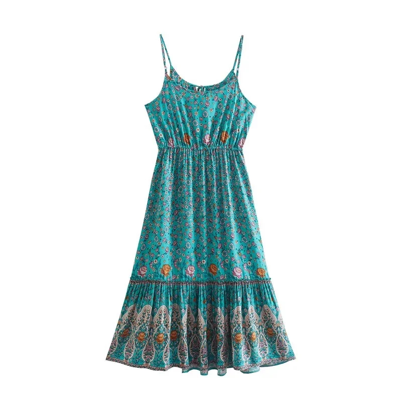 Fashion Green Rayon Print Ruffled Slip Dress,Long Dress