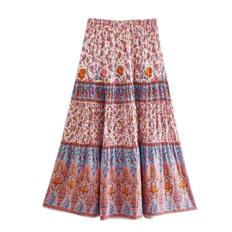 Fashion Pink Rayon Print Hem Skirt,Skirts