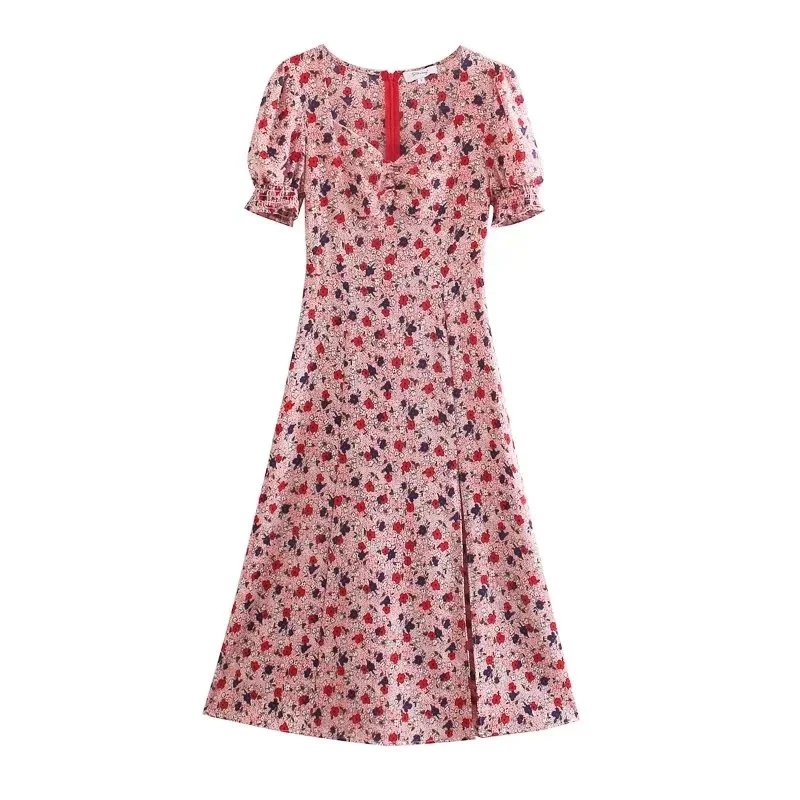 Fashion Pink Slit Print Dress,Long Dress