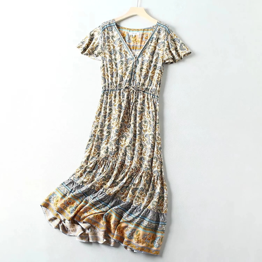 Fashion Blue Cashew Print V-neck Dress,Long Dress