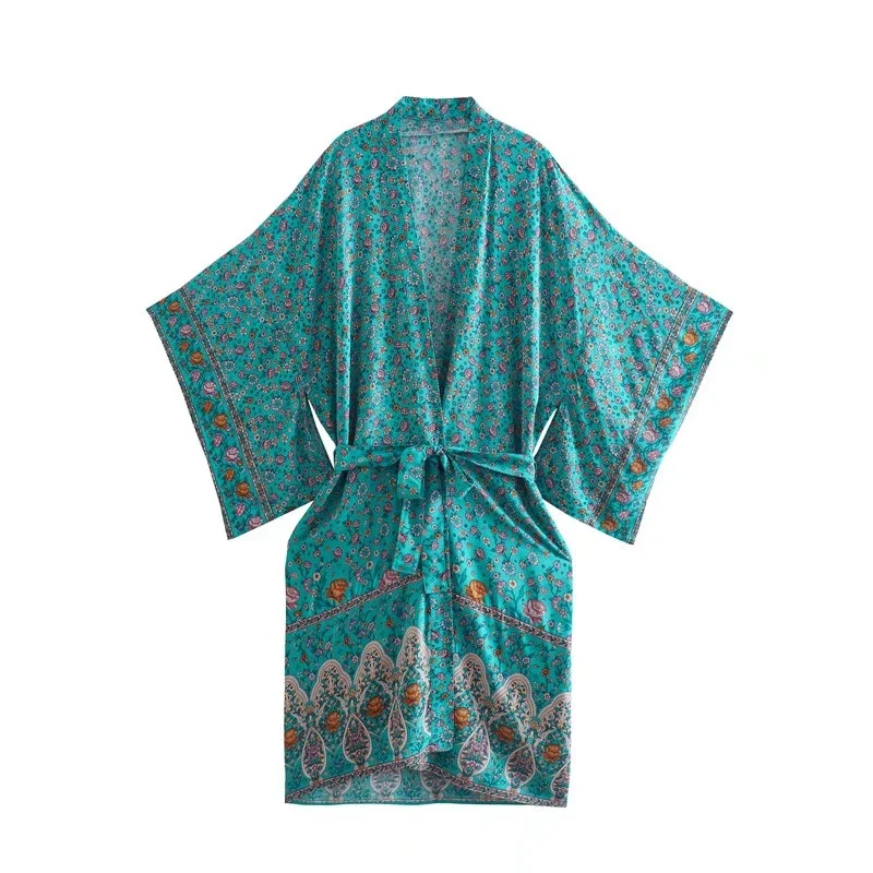Fashion Green Printed Tie Kimono Jacket,Kimonos