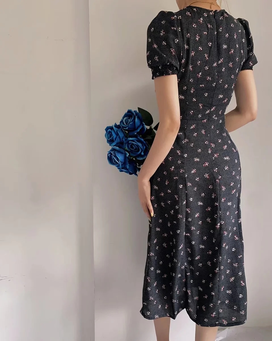 Fashion Black Geometric Print Slit Dress,Long Dress