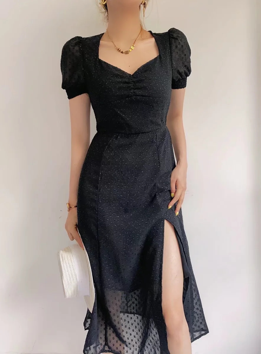Fashion Black Chiffon Placket Slit Dress,Long Dress