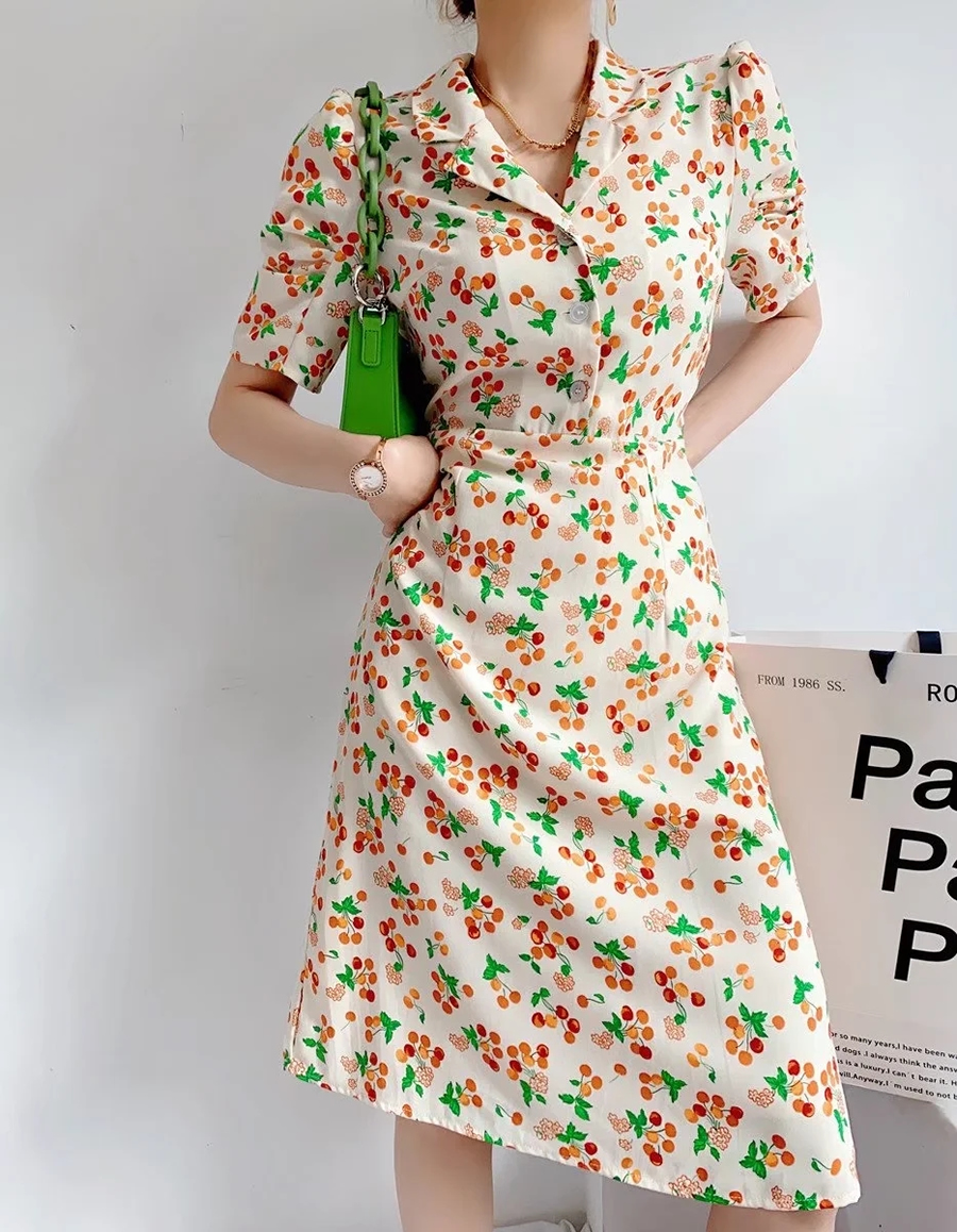Fashion Green Geometric Print Lapel Dress,Long Dress