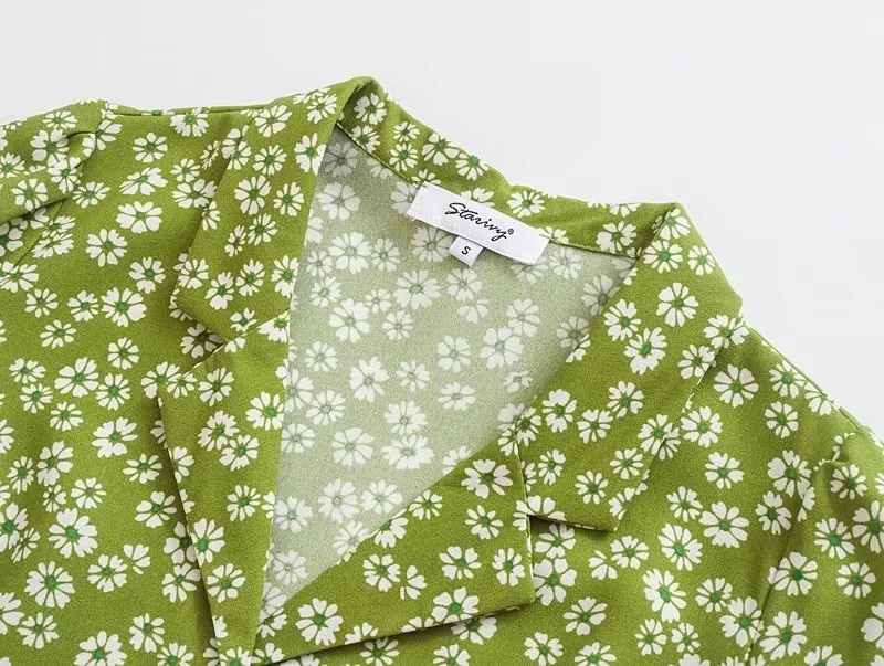 Fashion Green Geometric Print Lapel Dress,Long Dress