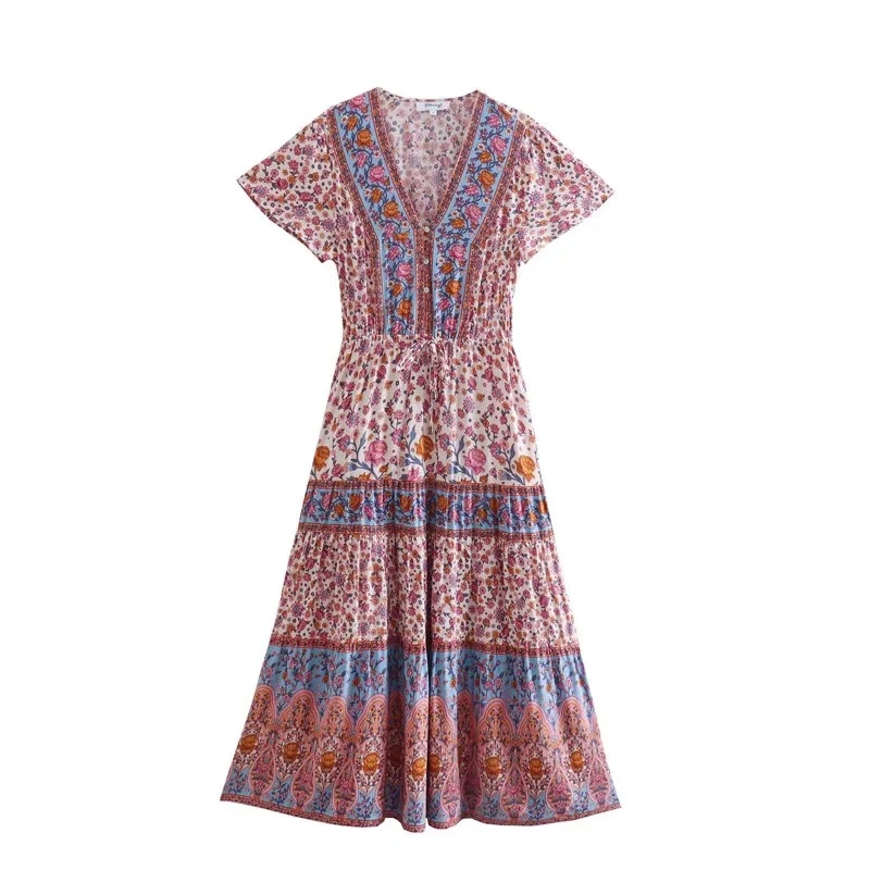Fashion Beige Rayon Print V-neck Dress,Long Dress