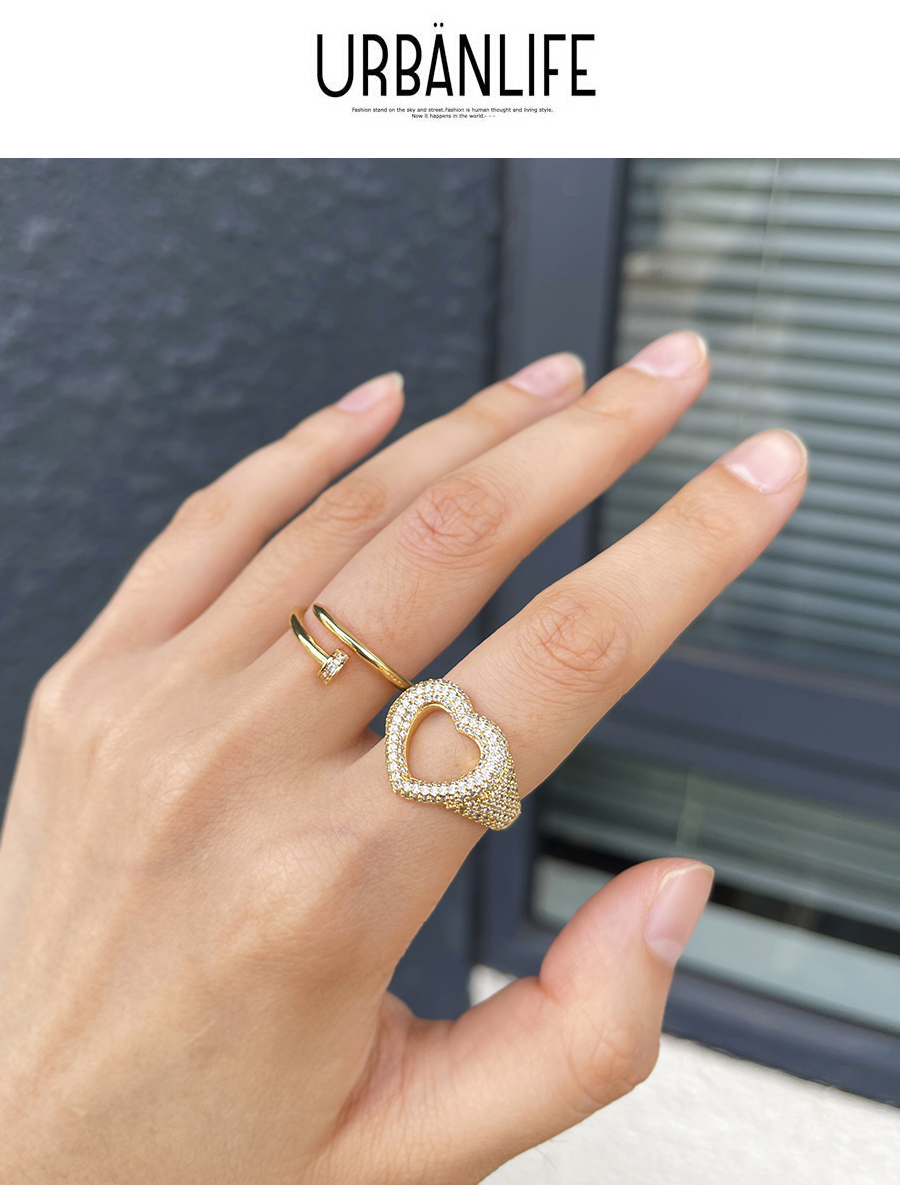 Fashion Gold Bronze Zircon Openwork Heart Ring,Rings