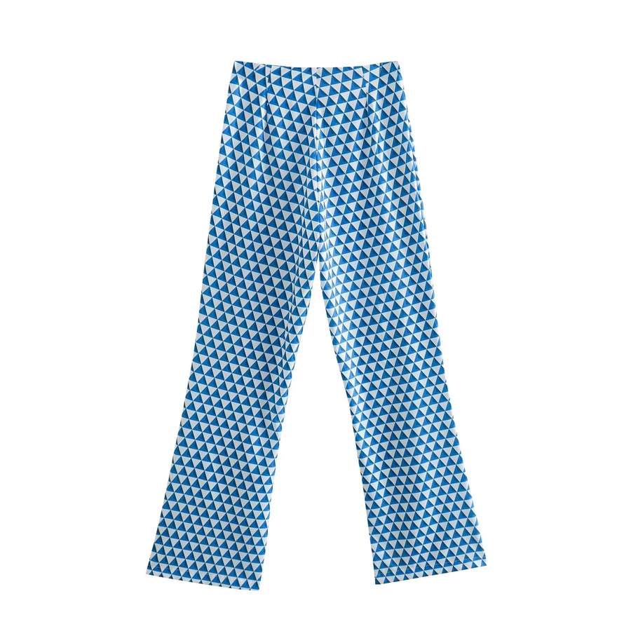 Fashion Blue Printed Geometric Straight-leg Trousers,Pants
