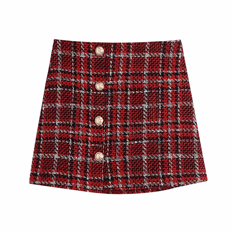 Fashion Red Woven Check Button Skirt,Skirts