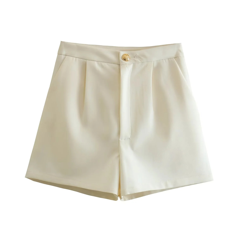 Fashion White Polyester Single Button Micro Pleated Shorts,Shorts