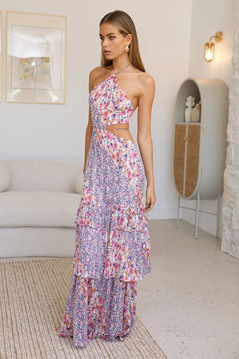 Fashion Printing Polyester Printed Halter Neck Cutout Dress,Long Dress