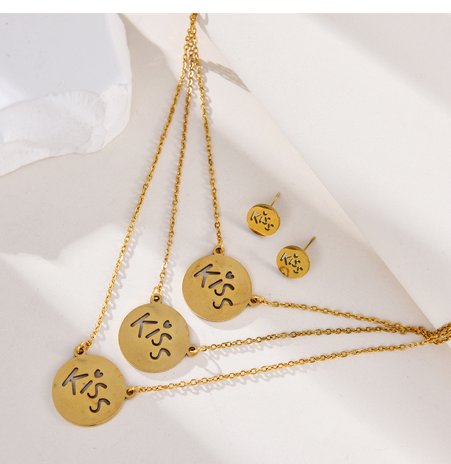 Fashion Gold Titanium Steel Round Letter Kiss Multilayer Necklace And Stud Earrings Set,Jewelry Set