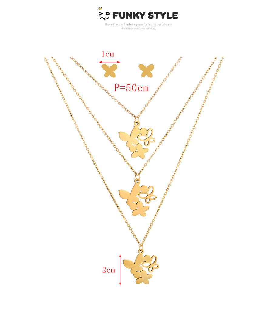 Fashion Gold Titanium Steel Butterfly Pendant Multilayer Necklace Earrings Set,Jewelry Set