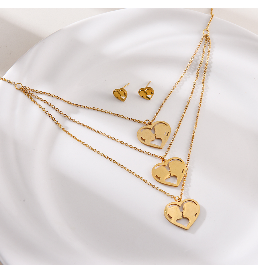 Fashion Gold Titanium Steel Heart Love Couple Pendant Multilayer Necklace Earrings Set,Jewelry Set