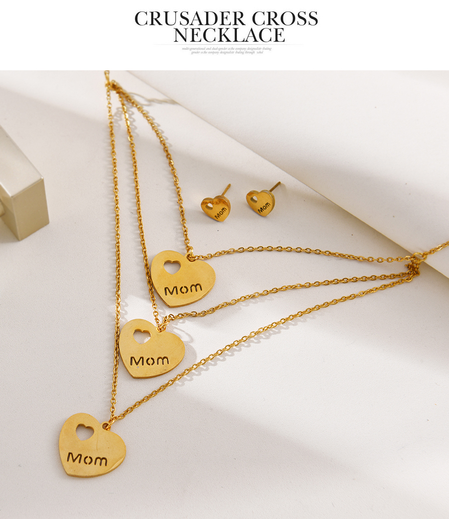 Fashion Gold Titanium Steel Letter Mom Heart Pendant Multilayer Necklace Earrings Set,Jewelry Set