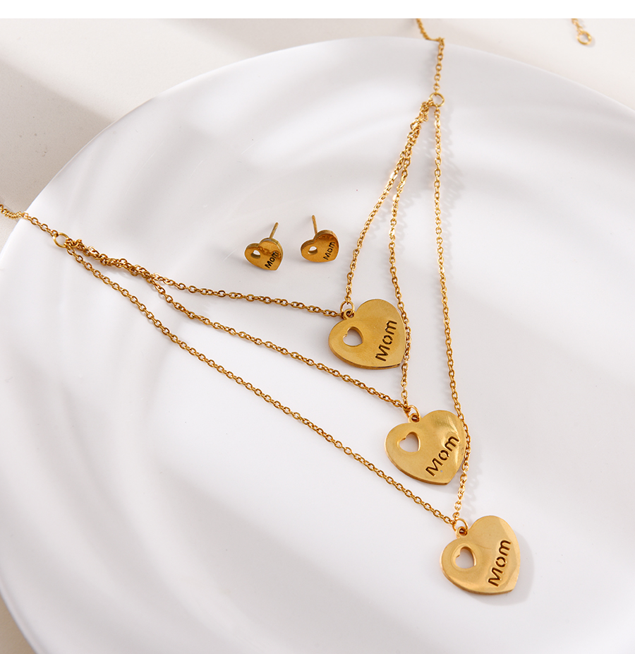 Fashion Gold Titanium Steel Letter Mom Heart Pendant Multilayer Necklace Earrings Set,Jewelry Set