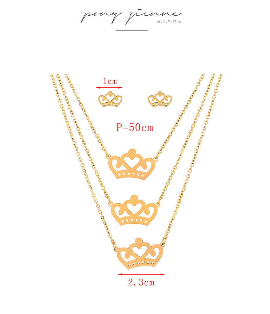 Fashion Gold Titanium Steel Hollow Crown Pendant Multilayer Necklace Earrings Set,Jewelry Set