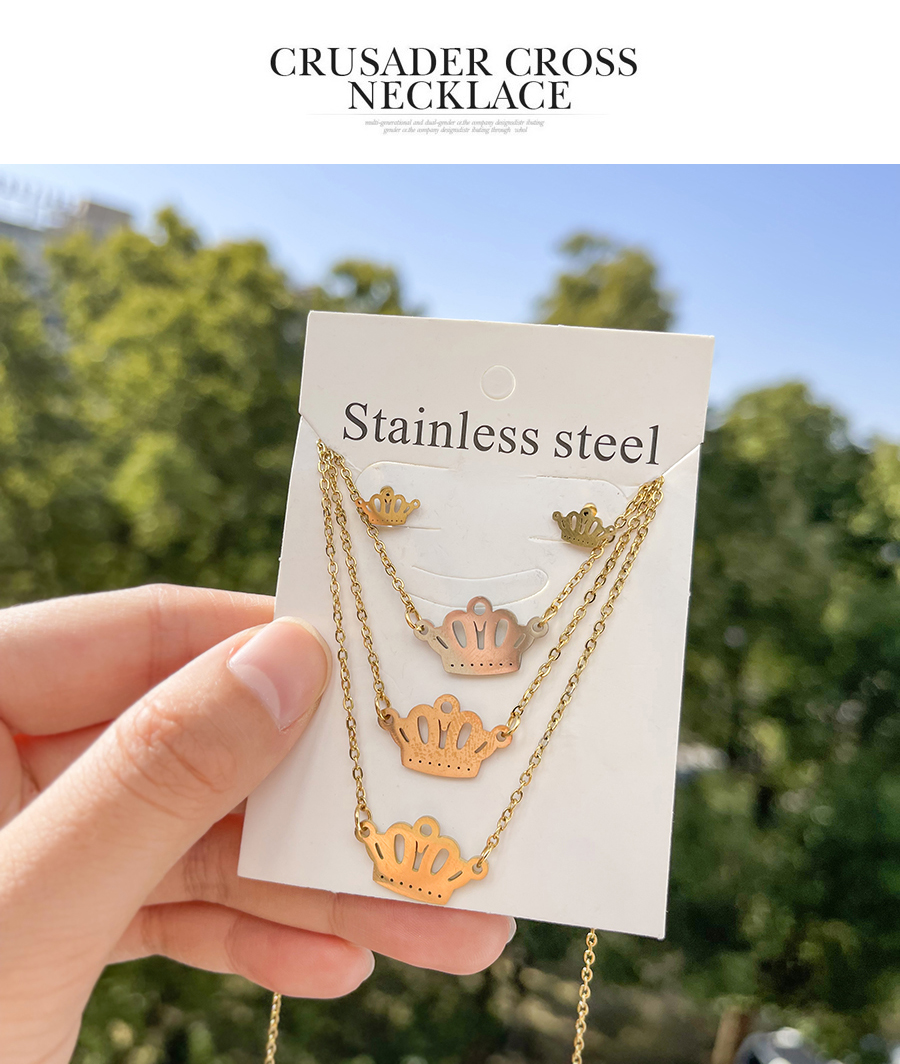 Fashion Color Titanium Steel Hollow Crown Pendant Multilayer Necklace Earrings Set,Jewelry Set
