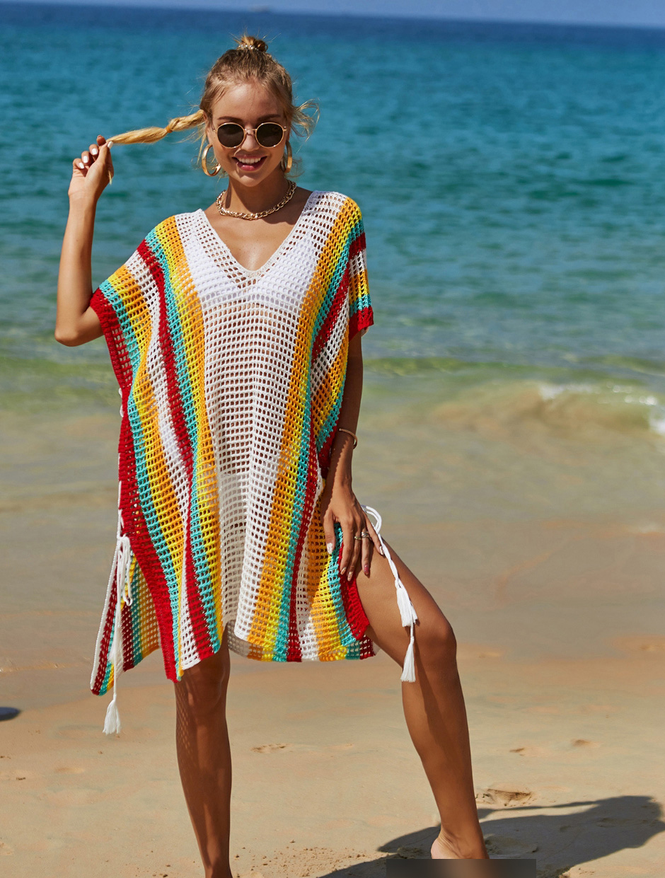 Fashion White Polyester Multicolored Open Knit V-neck Blouse,Cover-Ups