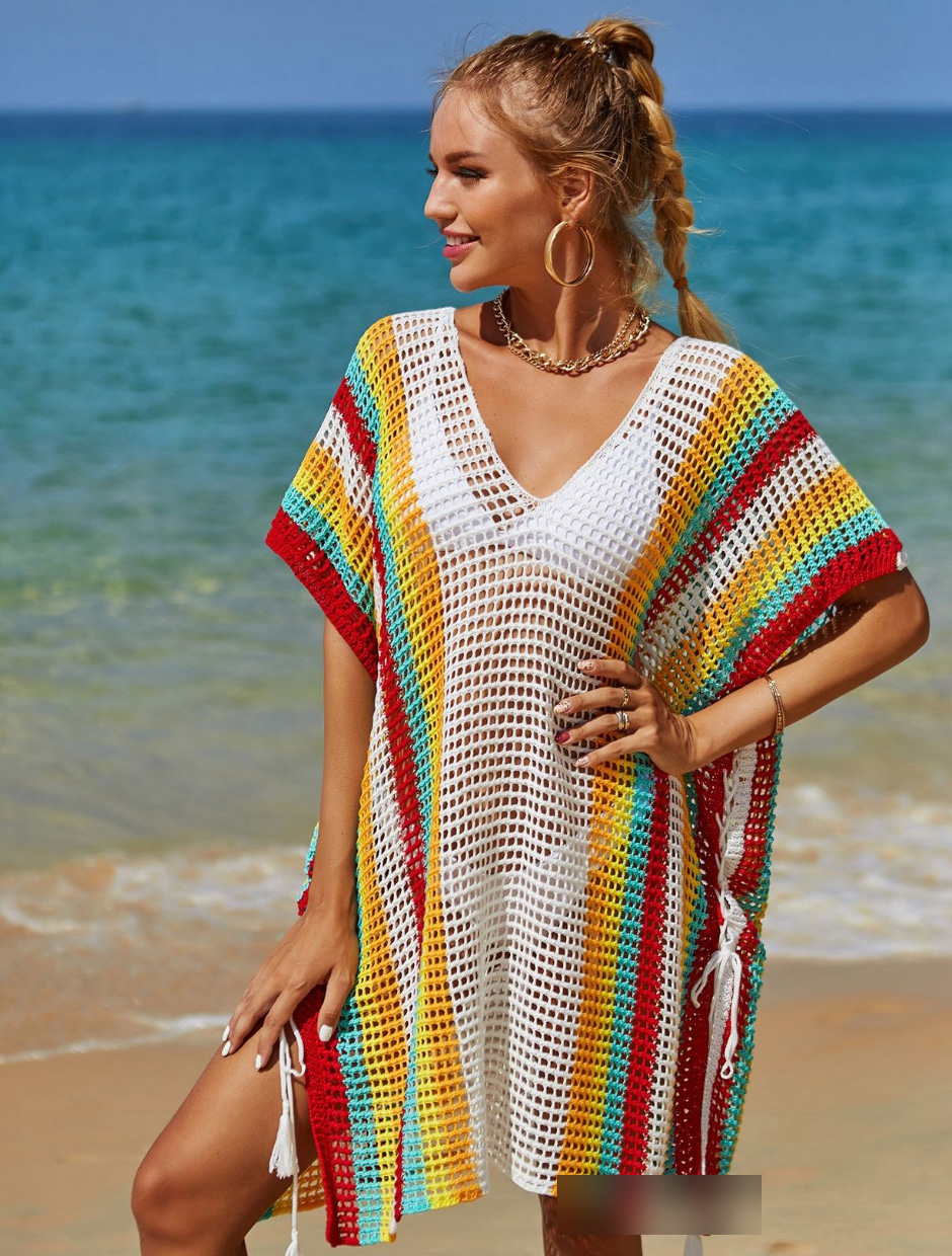 Fashion White Polyester Multicolored Open Knit V-neck Blouse,Cover-Ups