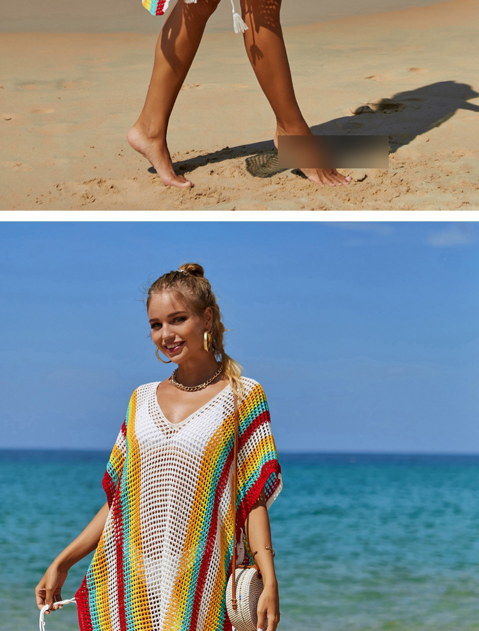 Fashion Apricot Polyester Multicolored Open Knit V-neck Blouse,Cover-Ups
