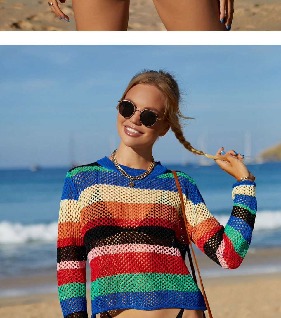 Fashion Green Rainbow Stripe Panel Open-knit Blouse,Cover-Ups