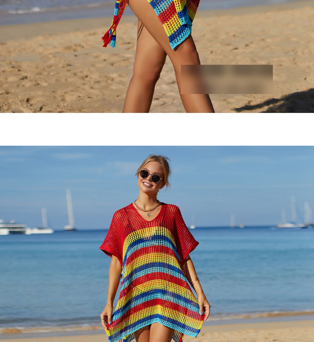 Fashion Apricot And Orange Polyester Color-block V-neck Open-knit Blouse,Cover-Ups