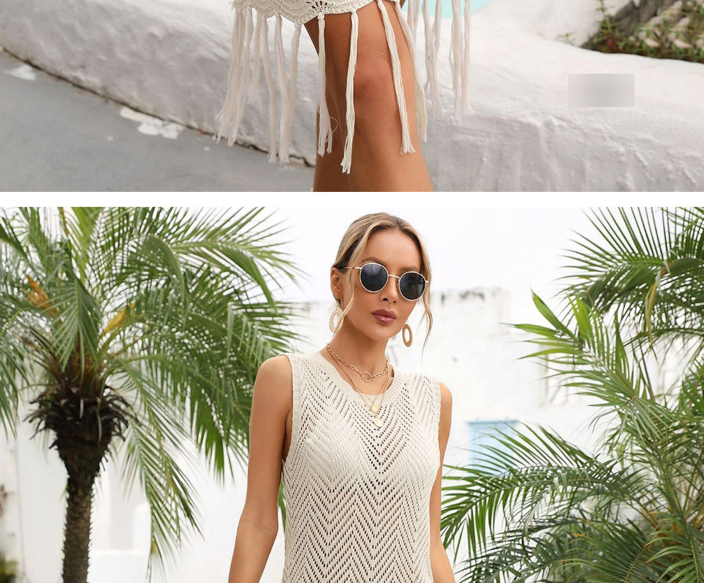 Fashion White Nylon Open-knit Fringed Sleeveless Blouse Dress,Long Dress