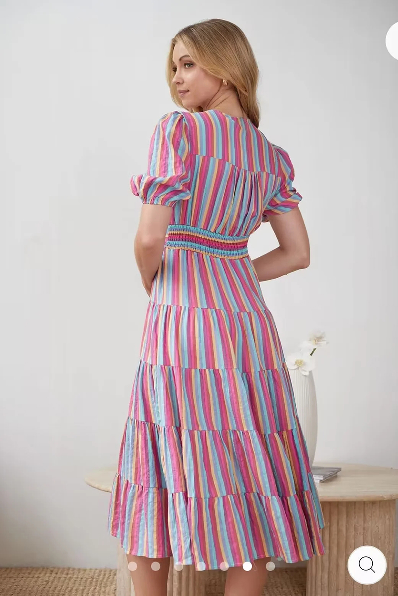 Fashion Color Polyester Striped V-neck Dress,Long Dress