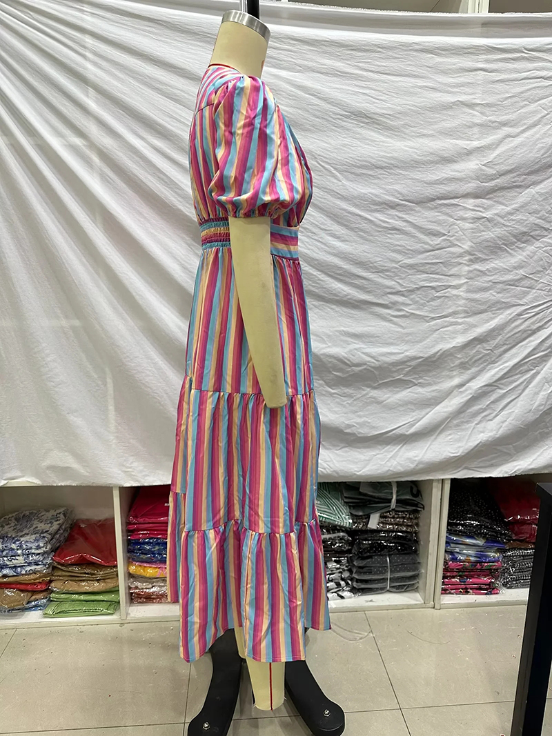 Fashion Color Polyester Striped V-neck Dress,Long Dress